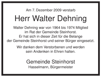 Traueranzeige von Walter Dehning von ALLGEMEINE ZEITUNG UELZEN