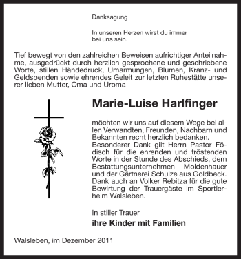 Traueranzeige von Marie-Luise Harlfinger von ALLGEMEINE ZEITUNG UELZEN