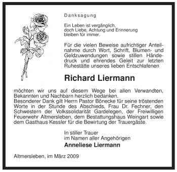 Traueranzeige von Richard Liermann von ALLGEMEINE ZEITUNG UELZEN