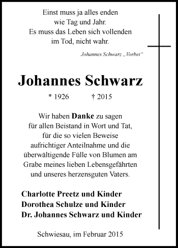 Traueranzeige von Johannes Schwarz von Uelzen