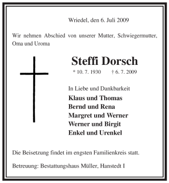 Traueranzeige von Steffi Dorsch von ALLGEMEINE ZEITUNG UELZEN