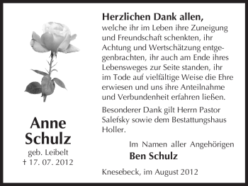 Traueranzeige von Anne Schulz von ALLGEMEINE ZEITUNG UELZEN