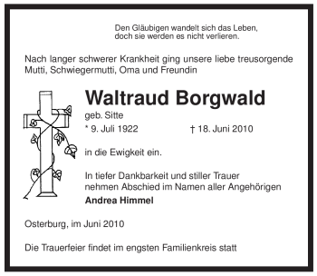 Traueranzeige von Waltraud Borgwald von ALLGEMEINE ZEITUNG UELZEN