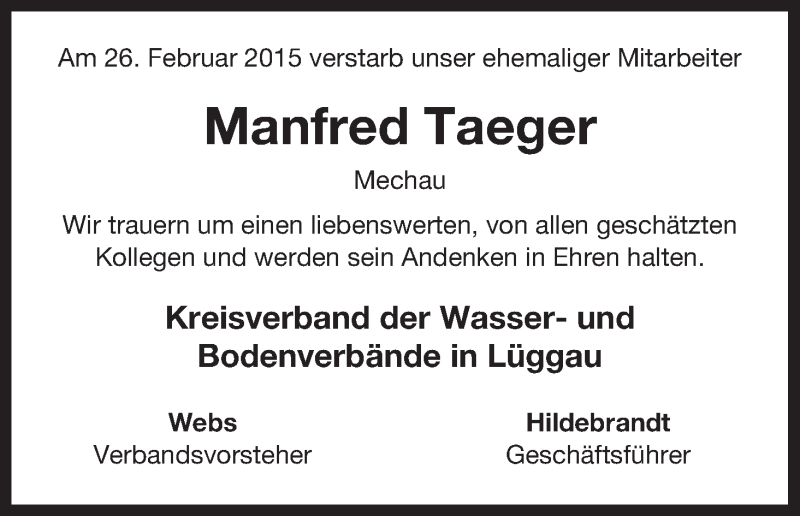  Traueranzeige für Manfred Taeger vom 05.03.2015 aus Uelzen