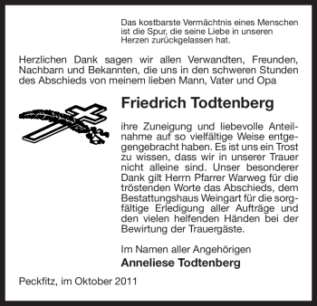 Traueranzeige von Friedrich Todtenberg von ALLGEMEINE ZEITUNG UELZEN