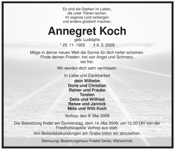 Traueranzeige von Annegret Koch von ALLGEMEINE ZEITUNG UELZEN