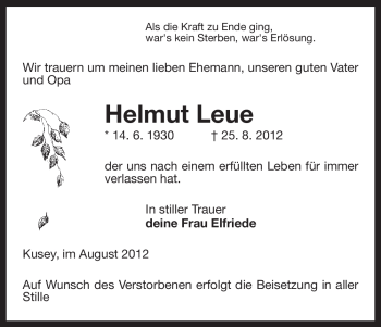 Traueranzeige von Helmut Leue von Uelzen