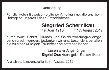 Traueranzeige von Siegfried Schernikau von Uelzen