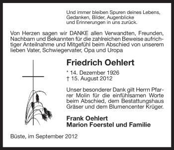 Traueranzeige von Friedrich Oehlert von Uelzen