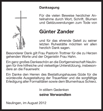 Traueranzeige von Günter Zander von Uelzen