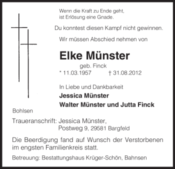 Traueranzeige von Elke Münster von Uelzen