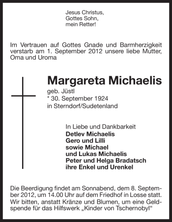 Traueranzeige von Margareta Michaelis von Uelzen