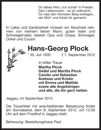 Traueranzeige von Hans-Georg Plock von Uelzen