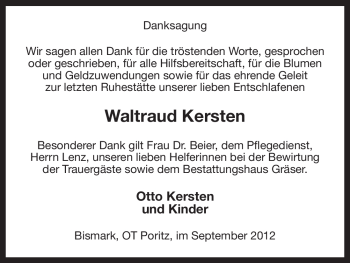 Traueranzeige von Waltraud Kersten von Uelzen