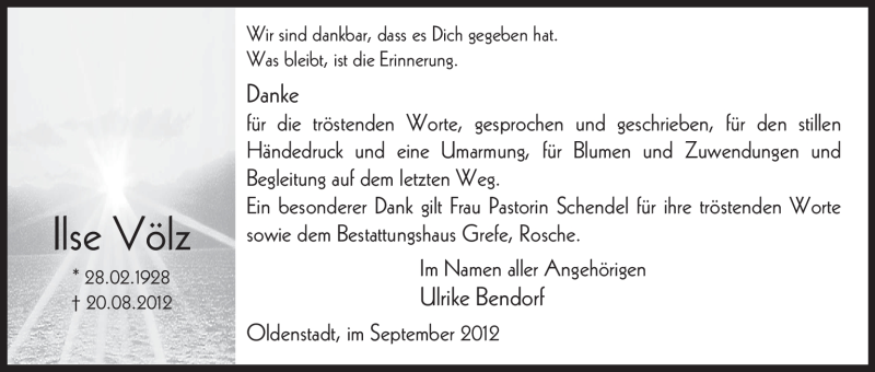  Traueranzeige für Ilse Völz vom 08.09.2012 aus Uelzen