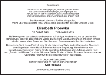 Traueranzeige von Elisabeth Ploewka von Uelzen