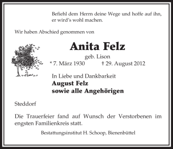 Traueranzeige von Anita Felz von Uelzen