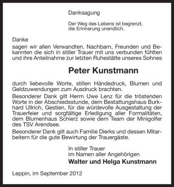 Traueranzeige von Peter Kunstmann von Uelzen