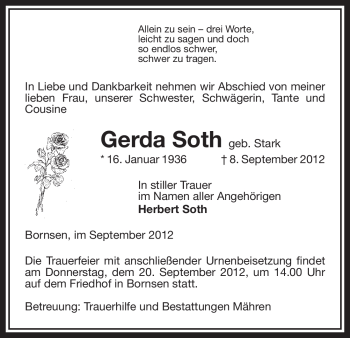 Traueranzeige von Gerda Soth von Uelzen