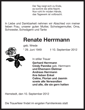 Traueranzeige von Renate Herrmann von Uelzen