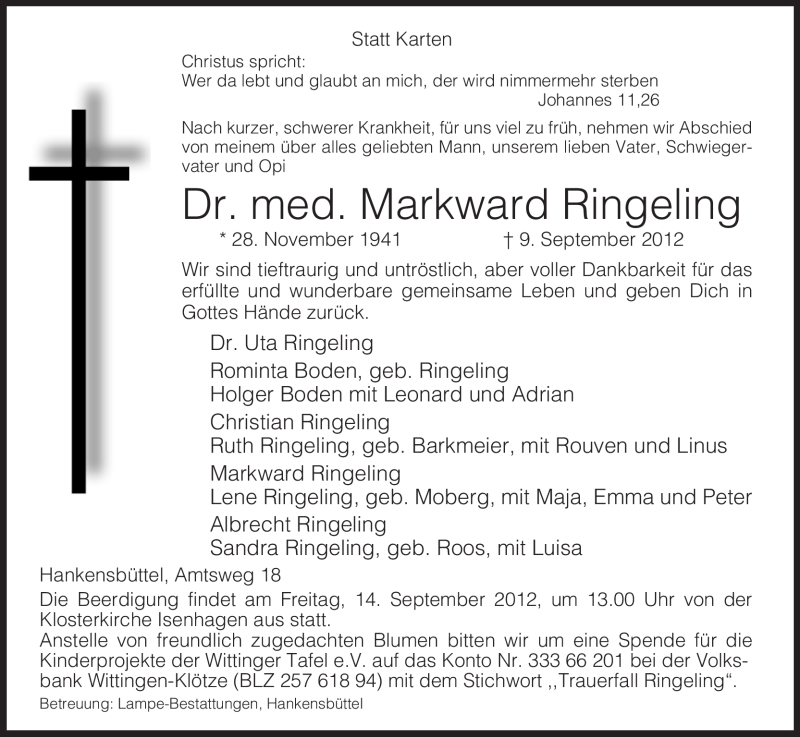  Traueranzeige für Markward Ringeling vom 11.09.2012 aus Uelzen