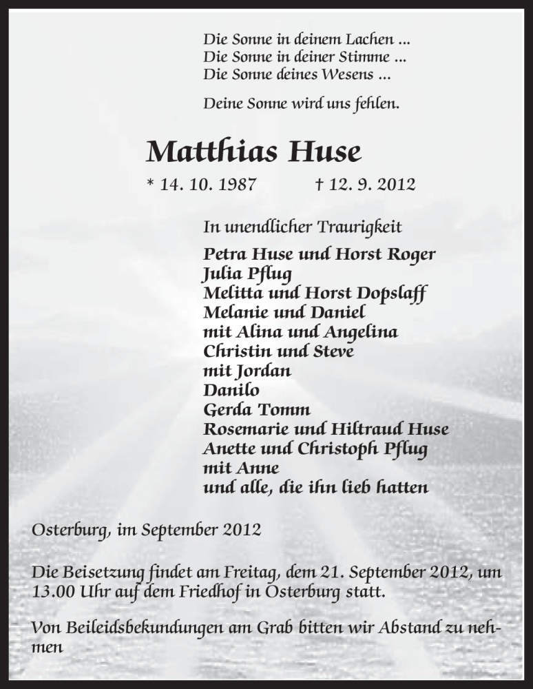  Traueranzeige für Matthias Huse vom 19.09.2012 aus Uelzen