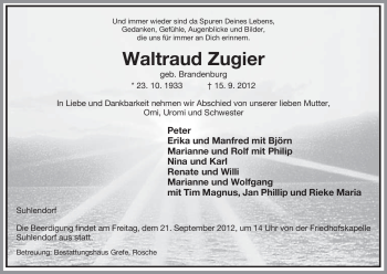 Traueranzeige von Waltraud Zugier von Uelzen