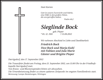 Traueranzeige von Sieglinde Bock von Uelzen