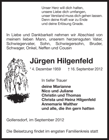 Traueranzeige von Jürgen Hilgenfeld von Uelzen