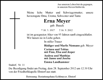 Traueranzeige von Erna Meyer von Uelzen