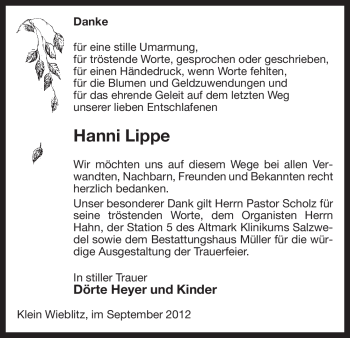 Traueranzeige von Hanni Lippe von Uelzen