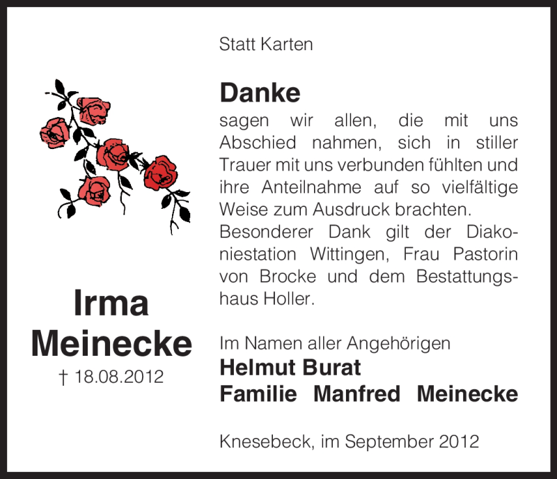  Traueranzeige für Irma Meinecke vom 22.09.2012 aus Uelzen