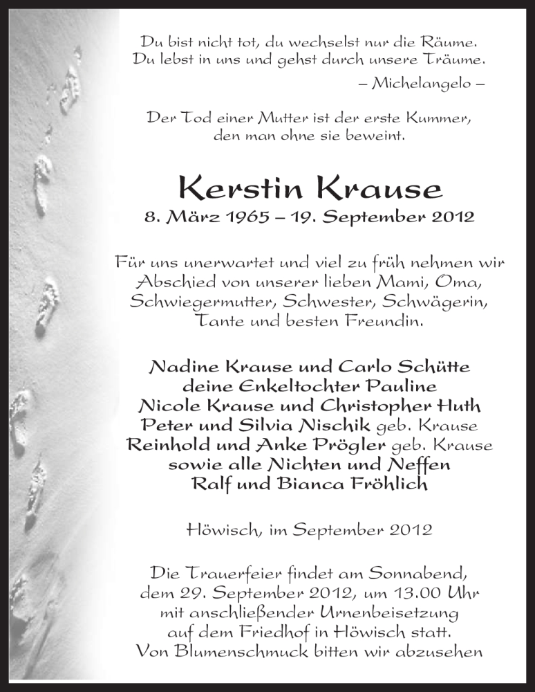  Traueranzeige für Kerstin Krause vom 25.09.2012 aus Uelzen