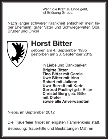 Traueranzeige von Horst Bitter von Uelzen