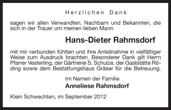 Traueranzeige von Hans-Dieter Rahmsdorf von Uelzen