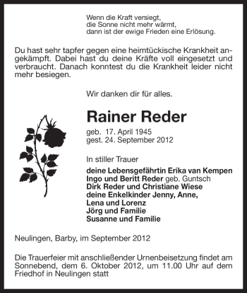 Traueranzeige von Rainer Reder von Uelzen