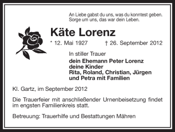 Traueranzeige von Käte Lorenz von Uelzen