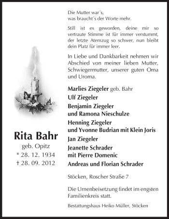 Traueranzeige von Rita Bahr von Uelzen