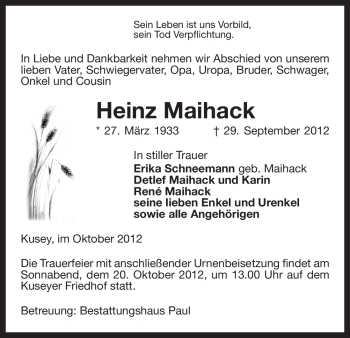 Traueranzeige von Heinz Maihack von Uelzen