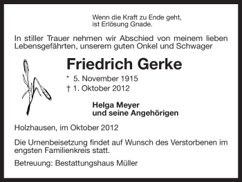 Traueranzeige von Friedrich Gerke von Uelzen