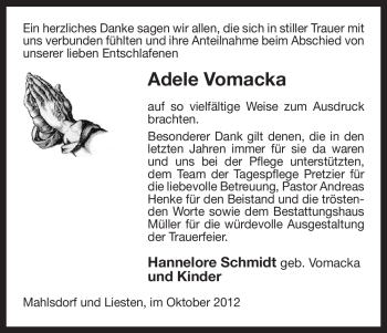 Traueranzeige von Adele Vomacka von Uelzen