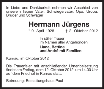 Traueranzeige von Hermann Jürgens von Uelzen