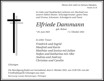 Traueranzeige von Elfriede Dammann von Uelzen