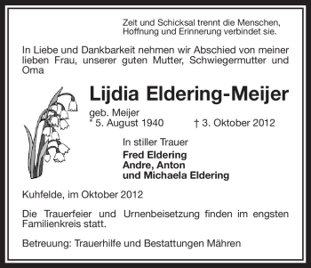 Traueranzeige von Lijdia Eldering-Meijer von Uelzen