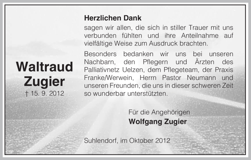  Traueranzeige für Waltraud Zugier vom 06.10.2012 aus Uelzen