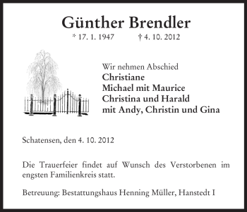 Traueranzeige von Günther Brendler von Uelzen