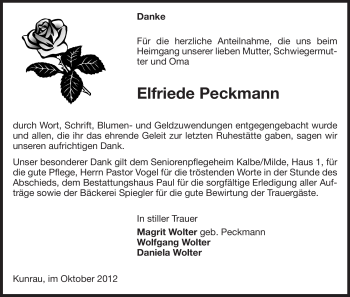 Traueranzeige von Elfriede Peckmann von Uelzen