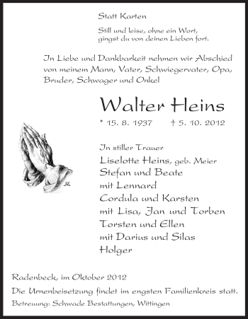 Traueranzeige von Walter Heins von Uelzen
