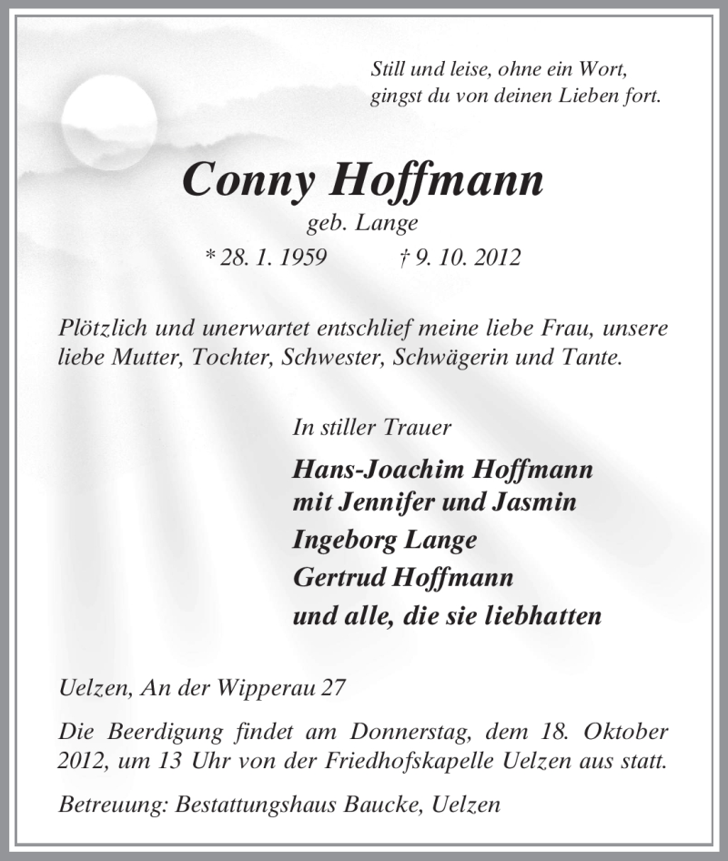  Traueranzeige für Conny Hoffmann vom 13.10.2012 aus Uelzen