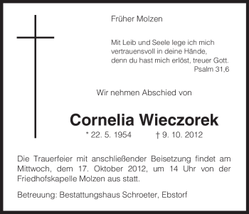 Traueranzeige von Cornelia Wieczorek von Uelzen